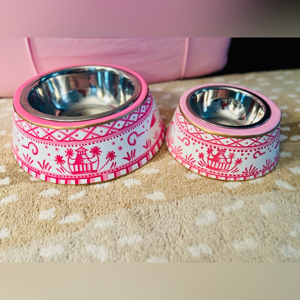 Hand painted pink chinoiserie dog bowl (one small and one large available)